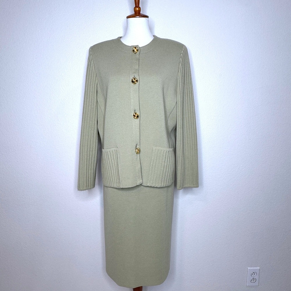 VTG DEVERNOIS Paris‎ Suit Skirt Sweater Jacket US 16 Tan Wool Blend 80s Minimal